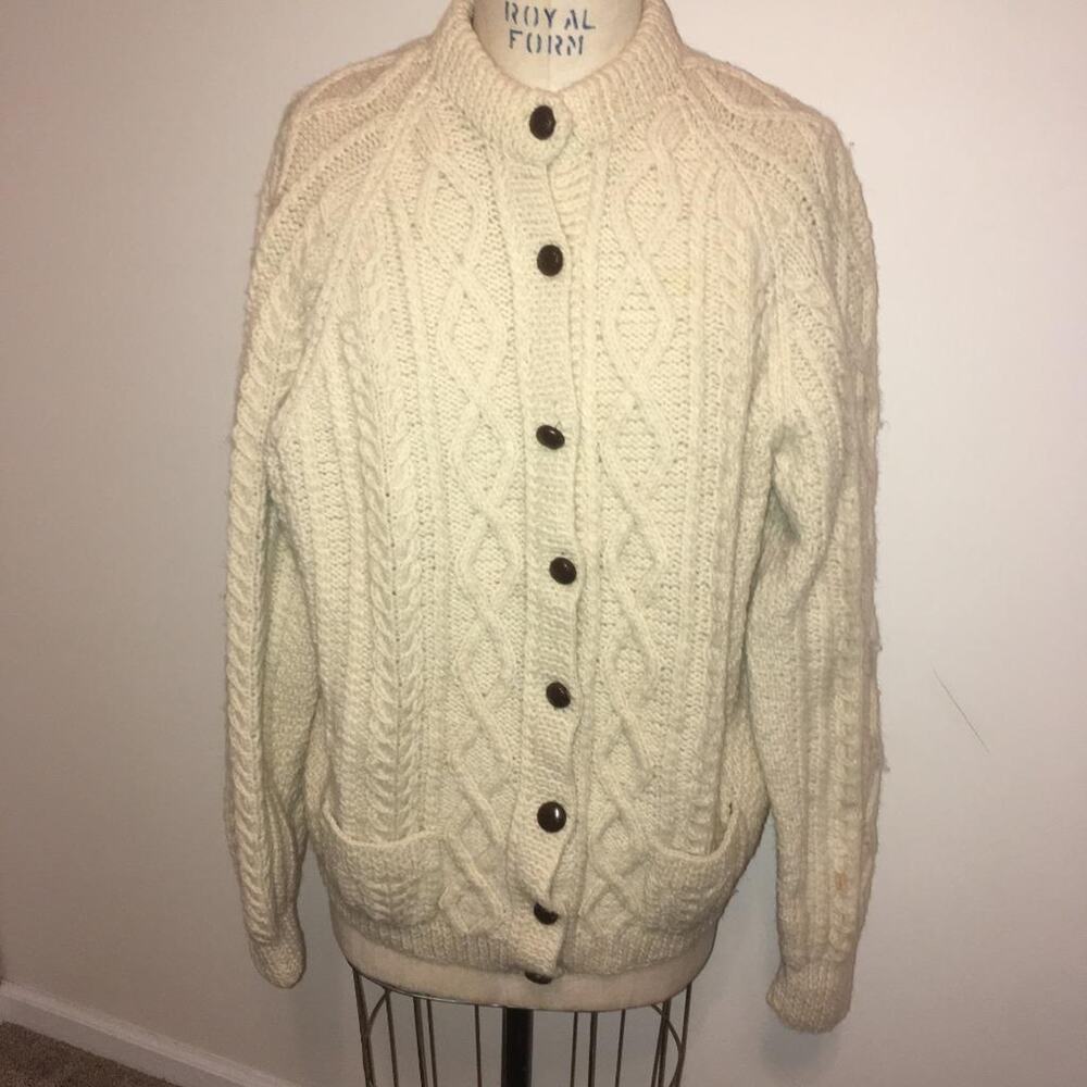 Vtg Blarney Woollen Aran Knit Cream Cardigan Ireland Irish Fisherman Sweater L